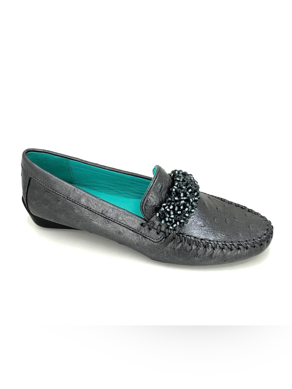 Robert Zur Metallic Gray Beaded Moccasin Loafer with Teal Lining